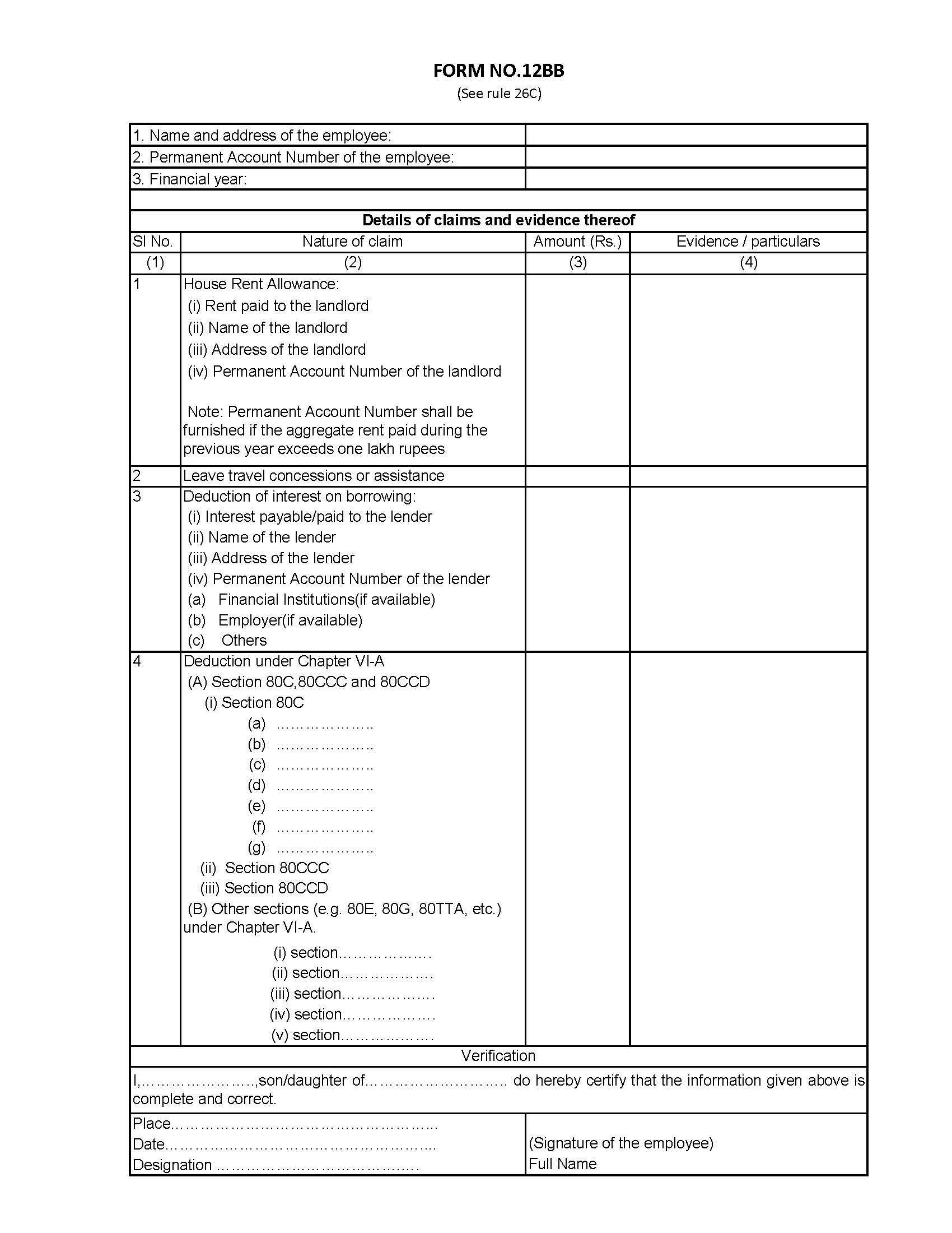 Form 12BB in Excel Format